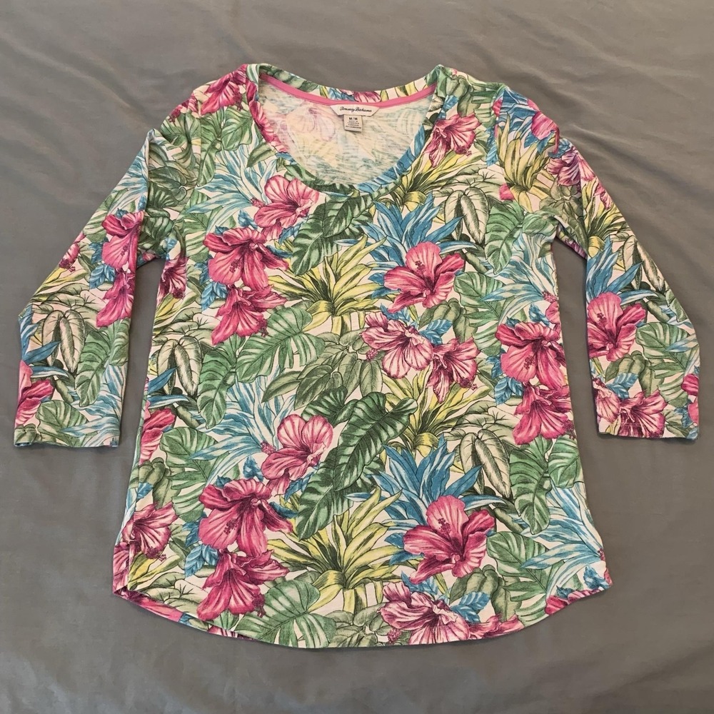 Tommy Bahama Shirt Womens M Multicolor Tropical Floral 3/4 Sleeve Cotton Tee